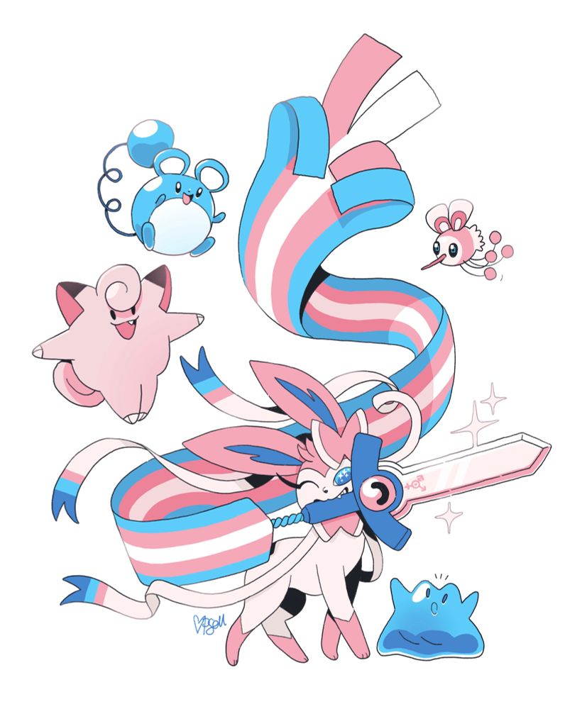 Some illustrations or pink and blue Pokemon. A Sylveon holds a Honedge with a trans flag as its tassel. Around it are a Clefairy, a Marill, a shiny Cutiefly, and a shiny Ditto.