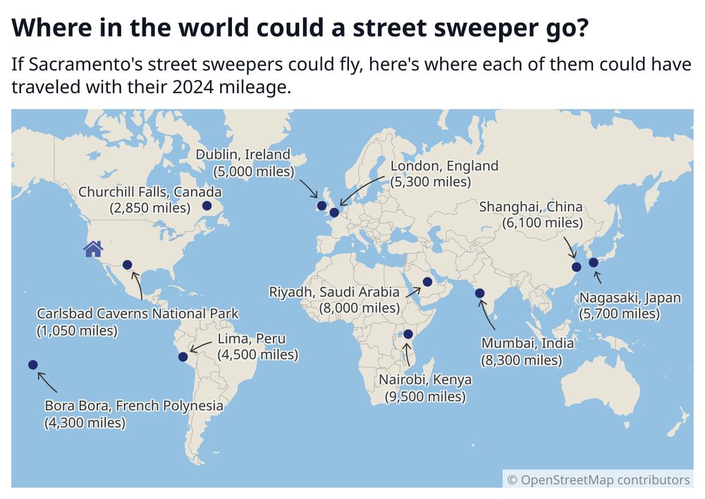 This is a map of the world with the following locations and mileage noted:

Nairobi, Kenya (9,500 miles)
Mumbai, India (8,300 miles)
Riyadh, Saudi Arabia (8,000 miles)
Shanghai (6,100 miles)
Nagasaki, Japan (5,700 miles)
London (5,300 miles)
Dublin (5,000 miles)
Lima, Peru (4,500 miles)
Bora Bora, French Polynesia (4,300 miles)
Churchill Falls, Canada (2,850 miles)
Carlsbad Caverns National Park, New Mexico (1,050 miles)