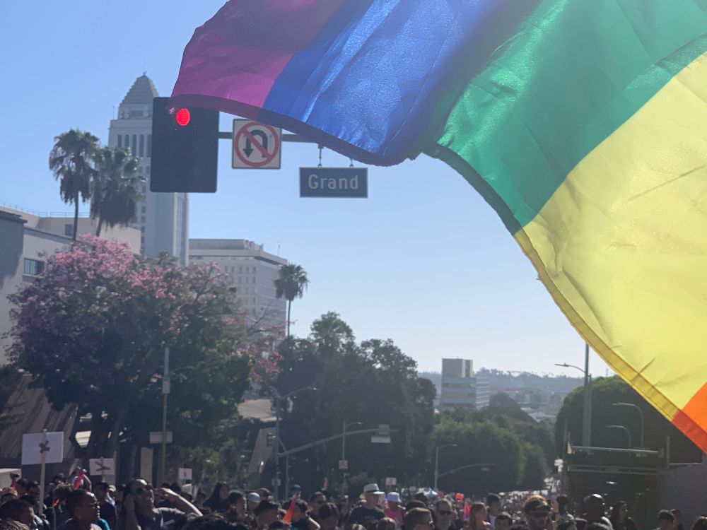 A rainbow flag flying over Grand St in downtown Los Angeles. The street is very crowded with people walking for the AIDS walk. One the left is a tree with pink flowers blooming. It’s a beautiful LA day.