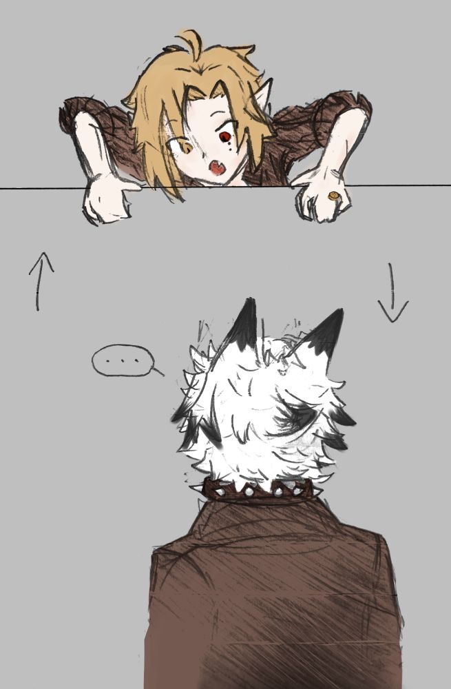 Lycaon looking up at Hugo who’s looking down at him from somewhere Idfk