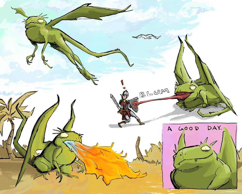 A frog dragon flying, grabbing an intrepid hero's shield with its tongue, and breathing fire. In the lower right it appears content with the words "a good day."