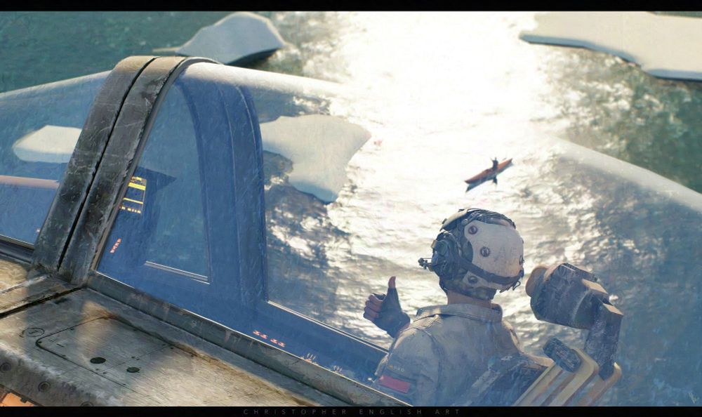 Pilot flying over water, thumbs up to someone in a kayak in the water. An icey arctic like landscape.