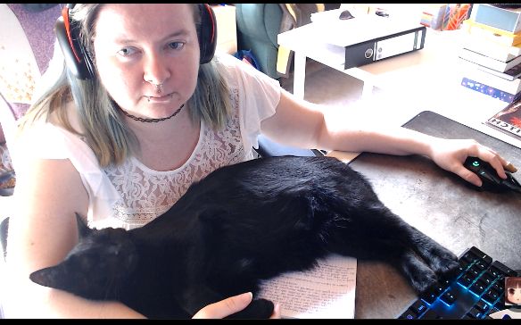 Ich sitze am Schreibtisch mit einem Block Papier und einem Stift und schreibe Lernzeug auf, bis Kater Goethe sich auf besagtes Papier legt und in meinen Arm kuschelt, womit ich natürlich nicht mehr weiter schreiben konnte. Auf dem Bild sieht man Goethe auf dem Schreibtisch in meinem Arm und auf dem Papier liegen.