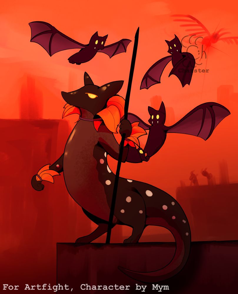 Fan-made slug cat by Mymsm, dark brown red slug cat with white dot patterns holding a spear whilst her bat friends fly around, some of them resembling a cape for her.