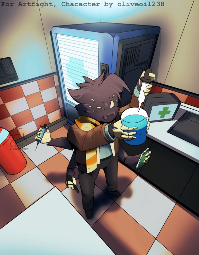 Anthro spider character by Artfight user known as oliveoil238, dark purple-ish spider wearing a orange scarf, brown jacket, blue shirt and black pants trying to carefully drop a correct amount of chemical into the beaker to make Ambuzol+, a chemical in Space Station 14, he is holding other objects in his hands like a syringe, pen and note book while he is inside of a corner of the chemistry lab in SS14.