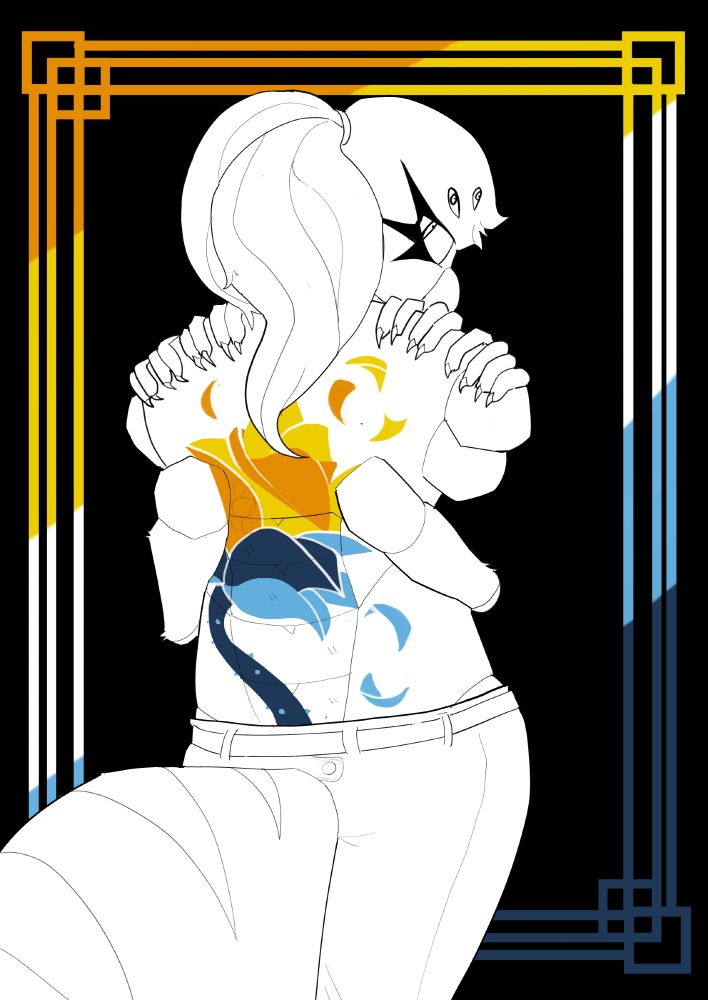 Anthropomorphic spider stylistically depicted white while an orange and blue rose is painted on their back, the background is black with a decorated abstract frame, colored like the rose, supposed to represent the original aroace colours.