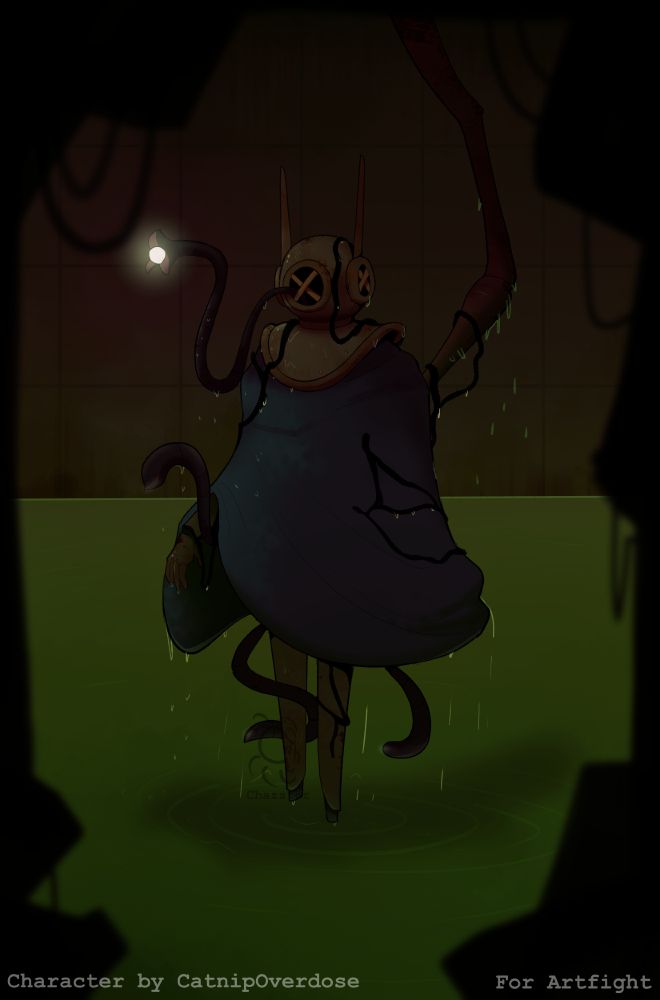 Fan-made Rain World iterator by CatnipOverdose, head resembles a diving suit helmet with a shawl under covering the whole body carrying leeches inside of a chamber filled with The Sewage Water.