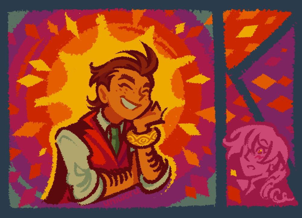 a drawing of apollo justice with klavier gavin, who is implied to be sitting across from him. apollo is resting his chin on his palm and has a large grin on his face, as if laughing at something klavier said. he appears to be glowing and there are diamond-shaped shards of light surrounding him. a panel in the corner shows klavier looking on in awe and adoration.