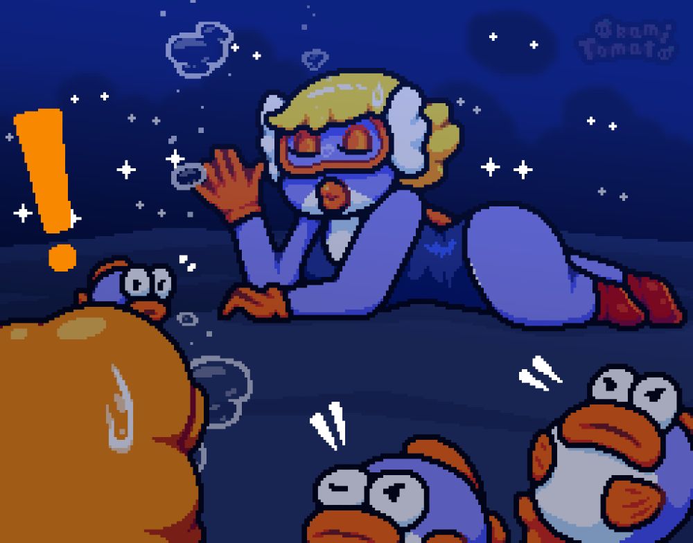 The follow-up, where the Blurp Girl's careless greetings cause the Rip Van Fish to wake up. Worse yet, it appears more of the school was napping just out of sight, and now various pairs of glistening eyes are watching and approaching from the darkness. Zee, RandomRiot's fish girl, simply freezes mid-wave and waits awkwardly for them to calm down... hopefully...

I mean, Zee is here, and she IS a fish, and it would surely be wrong of the Blurp Girl to not acknowledge her, right?

At the same time, it's not nice to rank and rate friends like that... but the ranking system is already set up... oh well, there's an easy solution to this:

Blurp Rating (Zee):⭐️⭐️⭐️⭐️⭐️