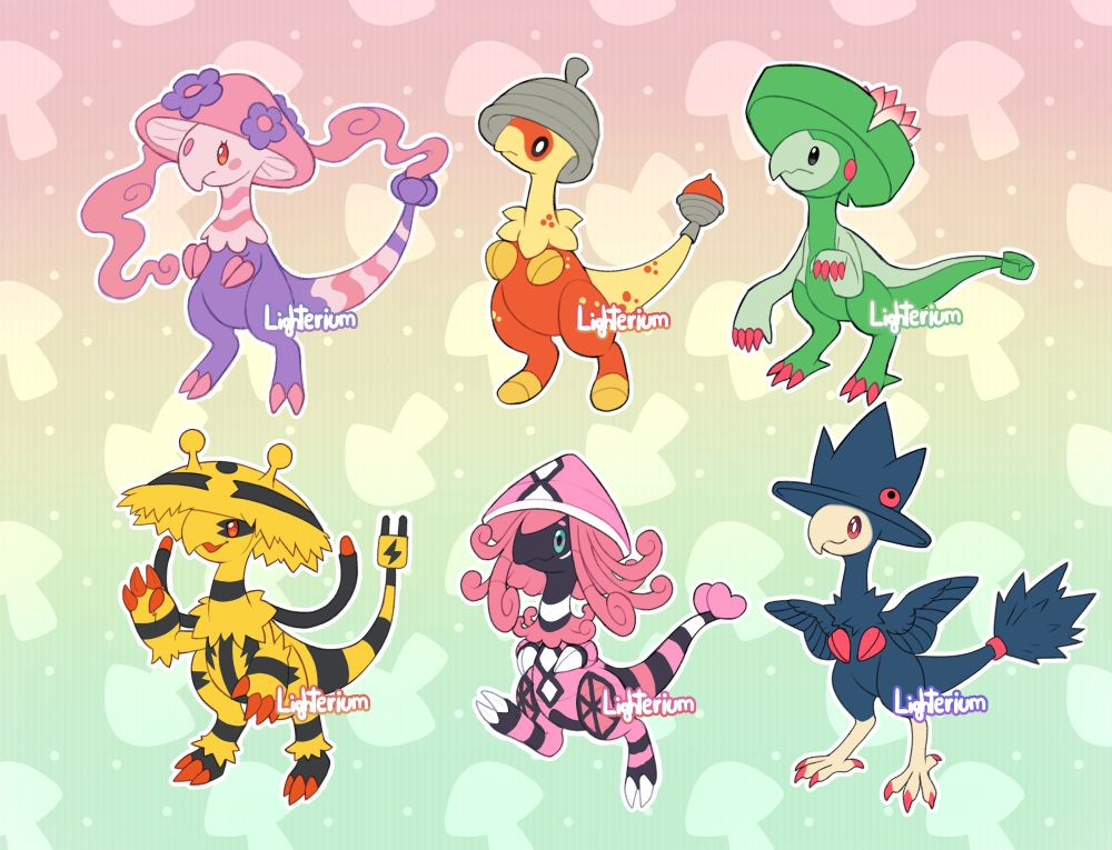 A batch of pokemon hybrids. All 6 have the body shape of a breloom, with appearance differing between pokemon as follows
1- Munna and musharna
2- shiny seedot
3- lombre
4- electivire
5- tapu Lele
6- murkrow