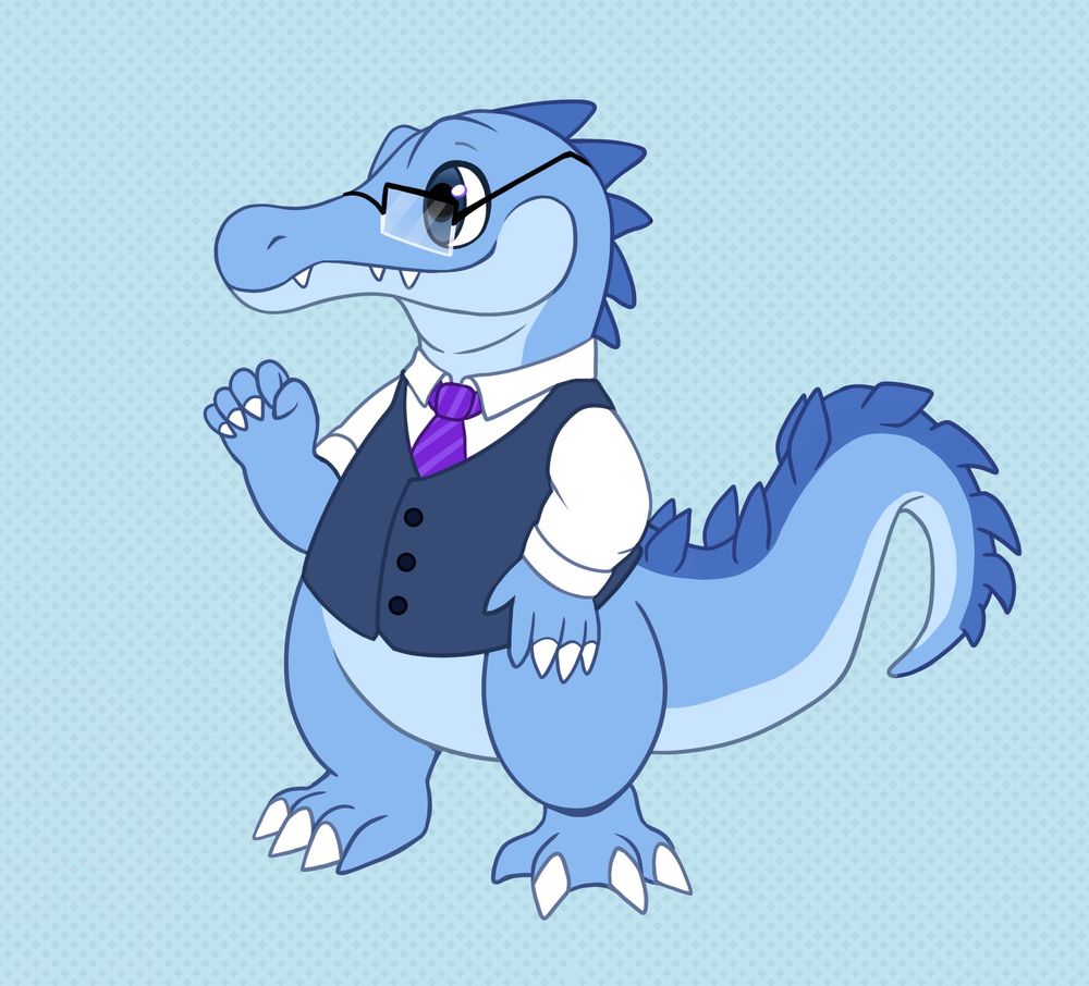 A blue gator dressed up in a fancy best and dress shirt with a purple striped tie. He wears glasses. 