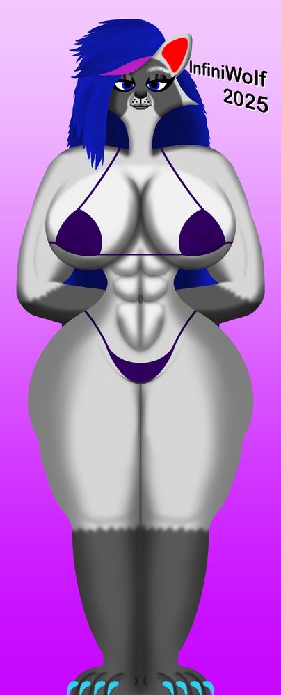 Raccoon girl character, same as before, except this time wearing a purple bikini