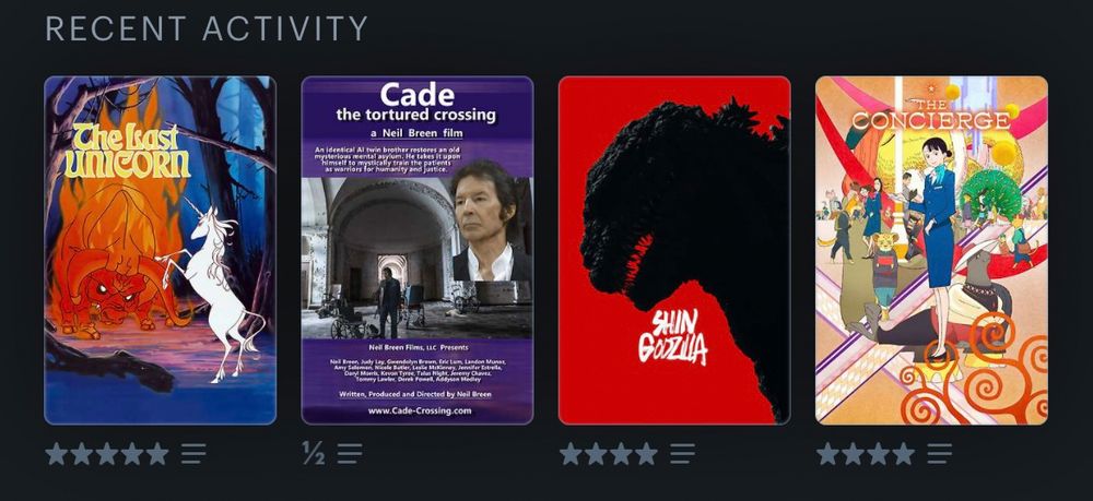 shows the last 4 movies I watched on letterboxd: The Last Unicorn, Cade the Tortured Crossing, Shin Godzilla, and The Concierge.