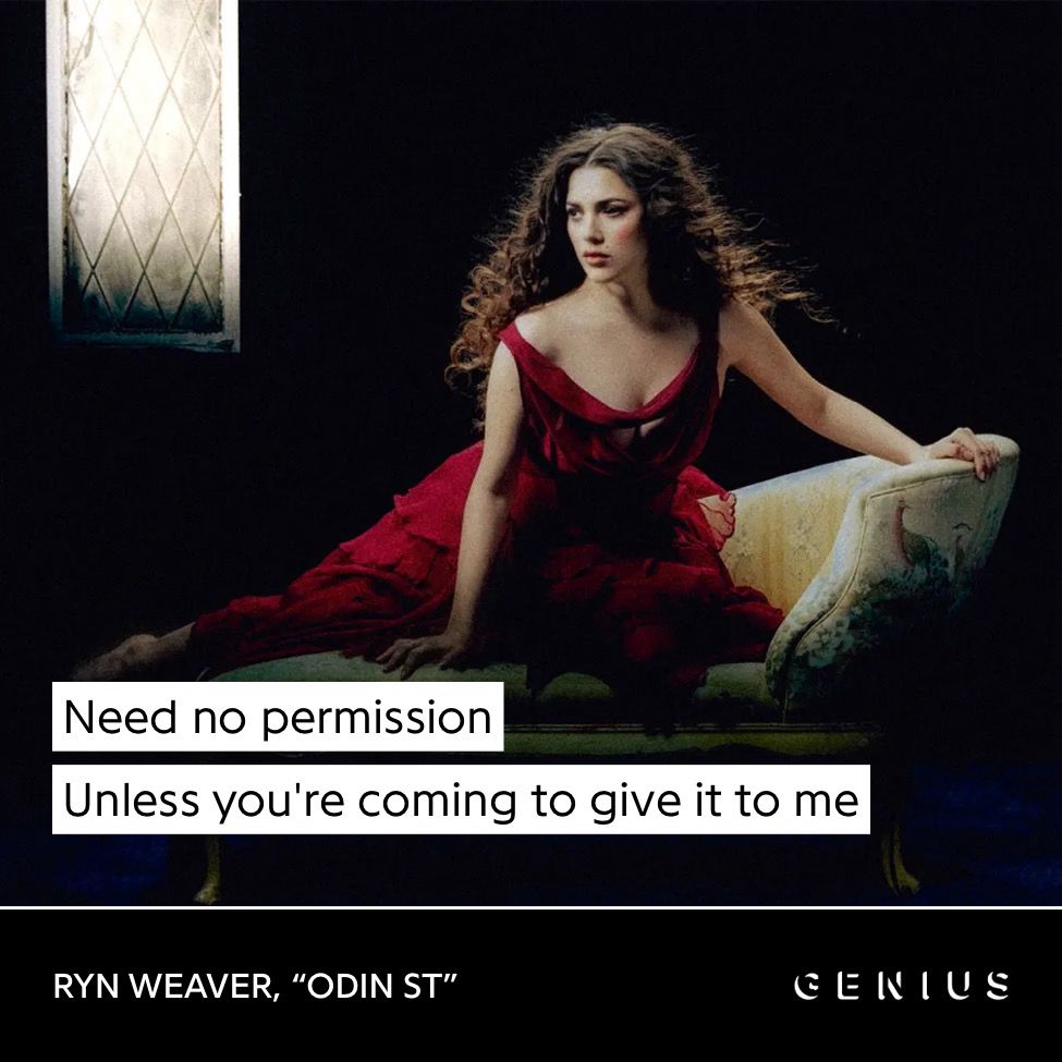 Screenshot of the lyrics "Need no permission / Unless you're coming to give it to me" from Ryn Weaver's song "Odin St"