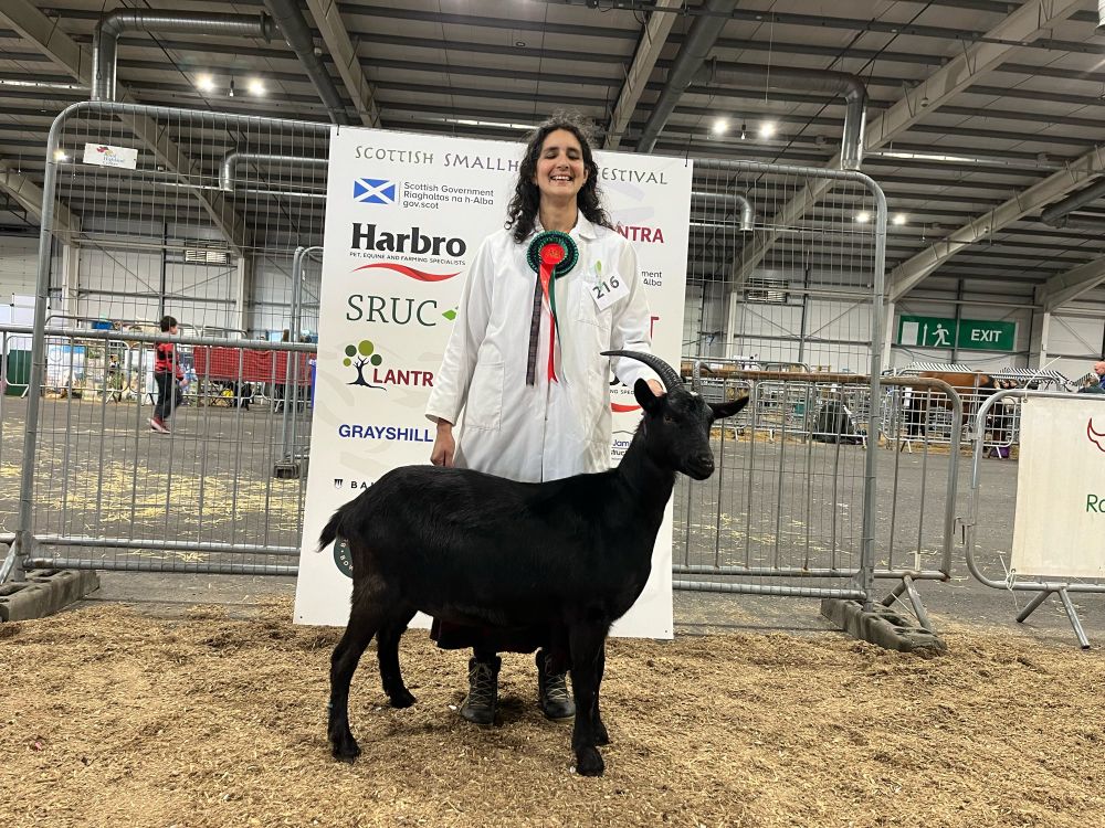 Penny, a black goat poses with beaming woman who wears a white show coat.