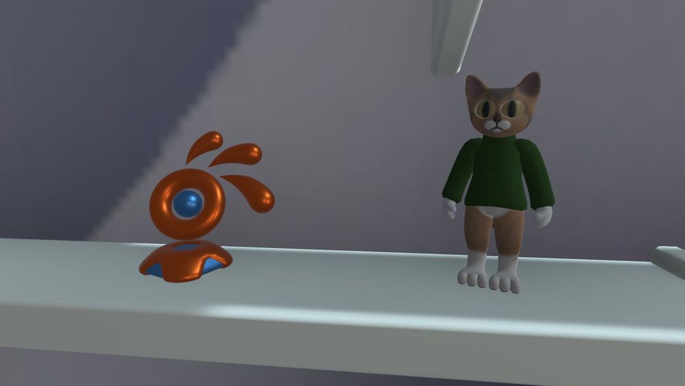 A close-up of the shelves, which contains a small floating metal statue based on the Blender 3D logo, and a small figurine based on my Theodore Cat avatar.