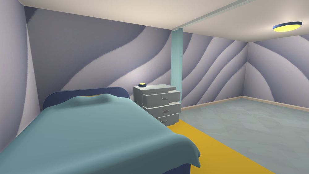 A close-up of the bed area, demonstrating the interactivity of the dresser drawers and curtain.