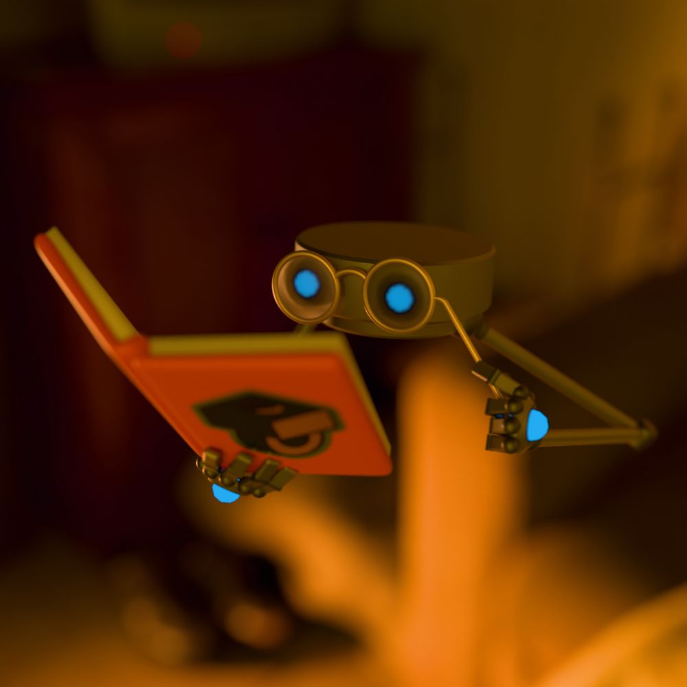 A disk shaped robot holding reading glasses to his face reading a book with the Neolanders logo on the cover.