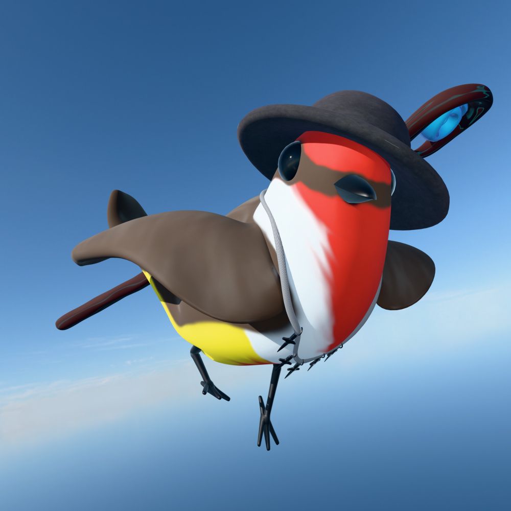 Small red bird with brown wings and a streak of white and yellow feathers wearing a small hat, a magic staff, and a necklace of knives, gliding towards the camera.