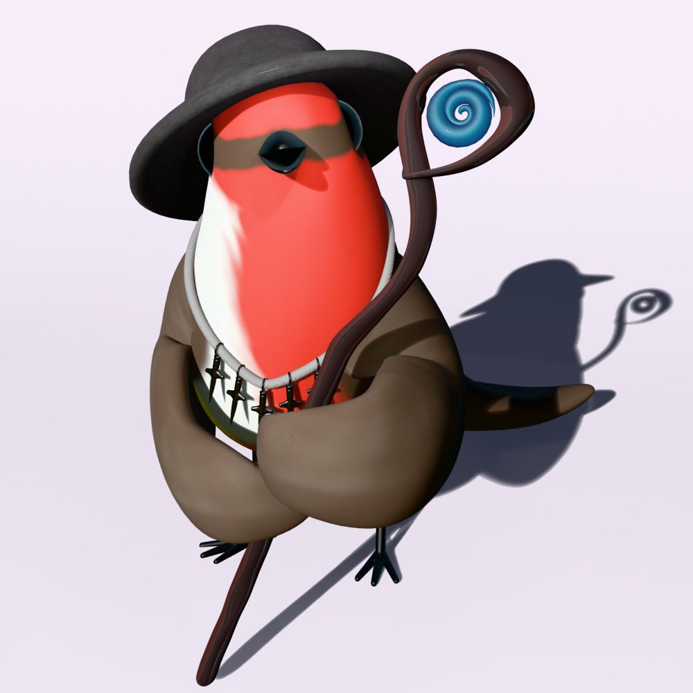 Standing small red bird with brown wings and a streak of white feathers, wearing a small hat and necklace of knives, holding a magic staff, looking up at the camera.