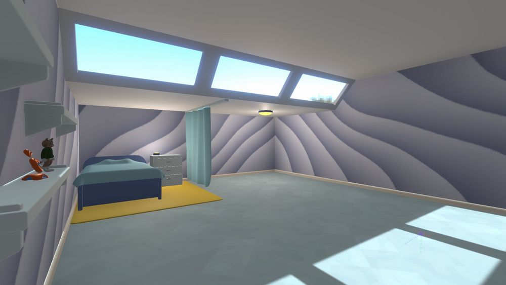 The same room from the opposite angle, showing the skylights, as well as the bed and dresser behind the curtain.