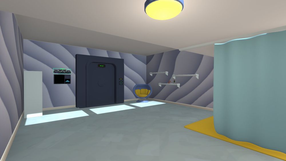 A lightly colored room with wavy wallpaper, some shelves, a bookshelf, a chair, and a curtain dividing it.