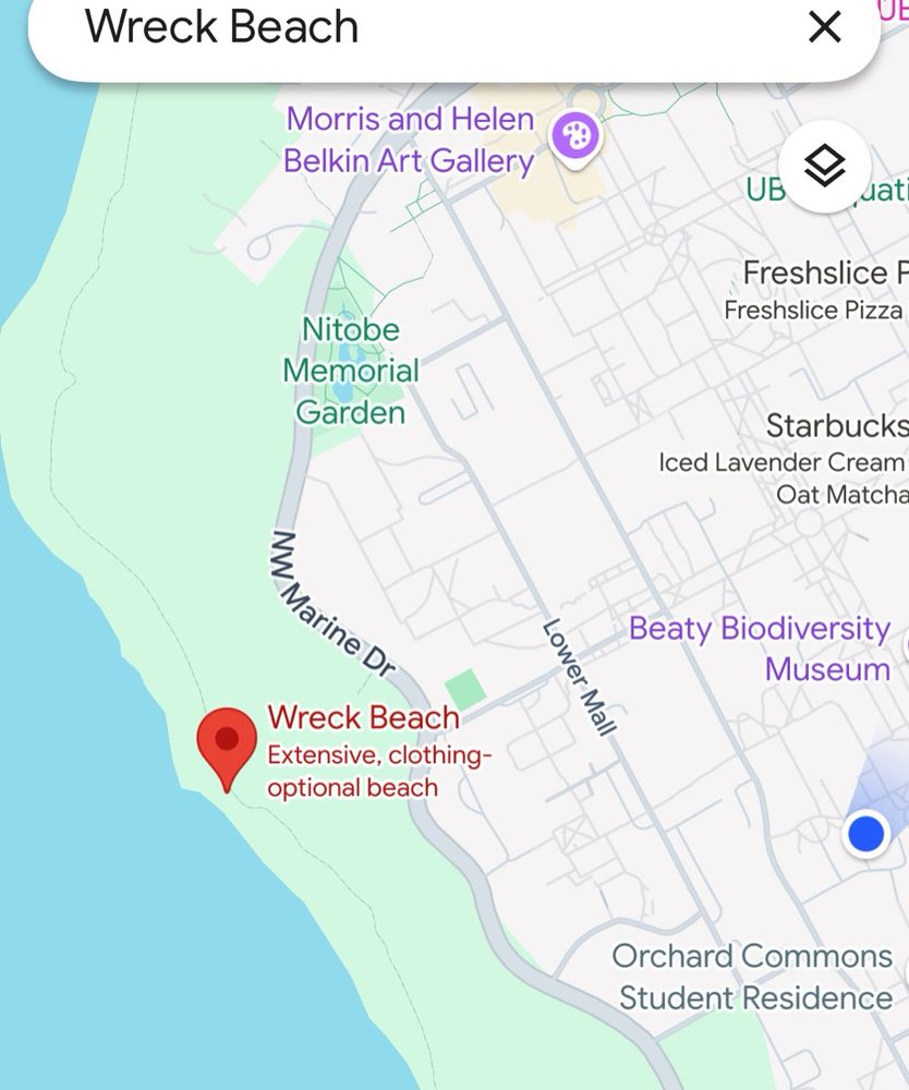 Map showing clothing optional wreck beach at UBC’s campus