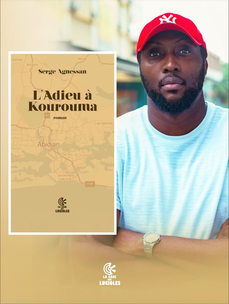 Portrait of Alain Serge Agnessan next to his novel entitled Adieu à Kourouma
