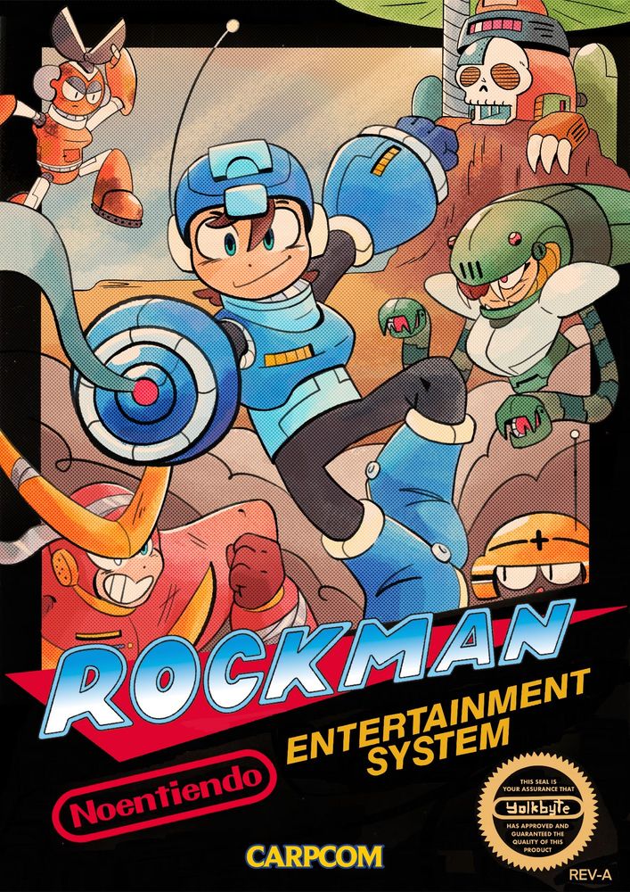 Fake box art for a megaman game with reimagined characters in the style of a classic NES black box art sketch Metadata idk Quickman Cutman Nintendo I never know what to write here if you are reading this comment with a picture of your favorite Advance Wars character 