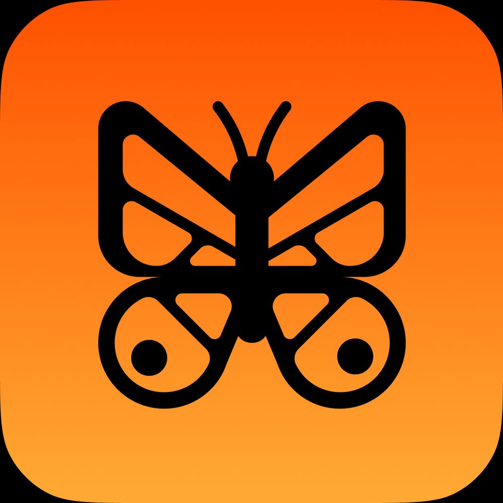 A rounded rectangle in the shape of an iOS icon with an orange linear gradient from vibrant red-orange on the top to light orange on the bottom, with a black monarch butterfly logo in the center of the rectangle