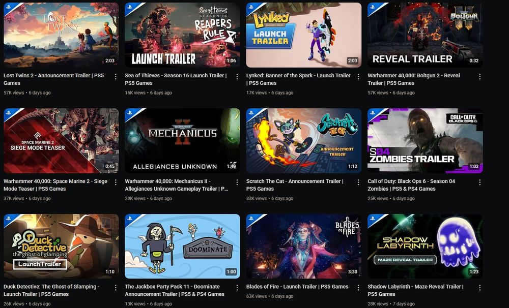 Screenshot of video thumbnails on the PlayStation Youtube channel
