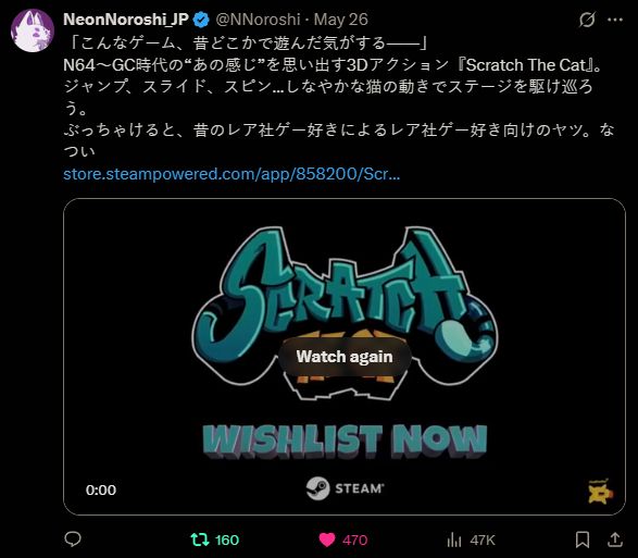 Screenshot of a tweet for the Scratch The Cat announcement trailer