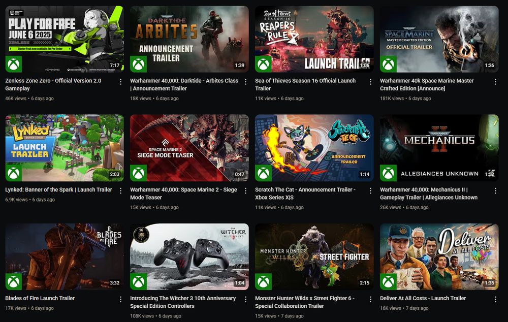 Screenshot of video thumbnails on the Xbox Youtube channel