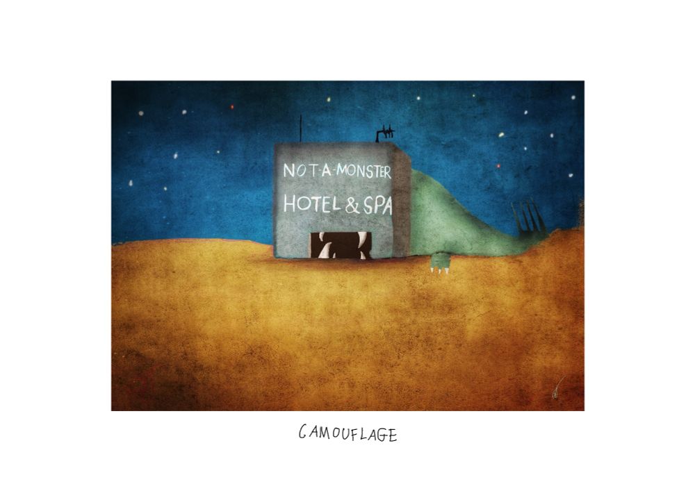 My painting camouflage. It shows a cardboard box or possibly a concrete block with "Not-a-monster hotel and spa" written on it. The hole/doorway has teeth and we can clearly see a monster poorly hiding behind it. 