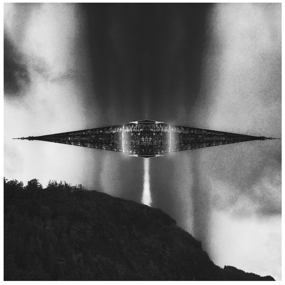 One of my “Scottish ufos” prints. A spaceship rises from behind a hill