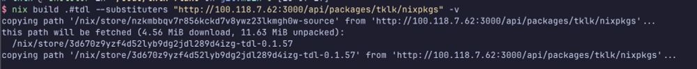 A screenshot of a terminal showing nix build using a Gitea instance as the substituter and the build successfully pulling the nar from it and building without error