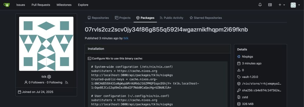 A screenshot of the Gitea packages interface showing nix package that has been uploaded along with various metadata including how to add this binary cache as a substituter in nixos config