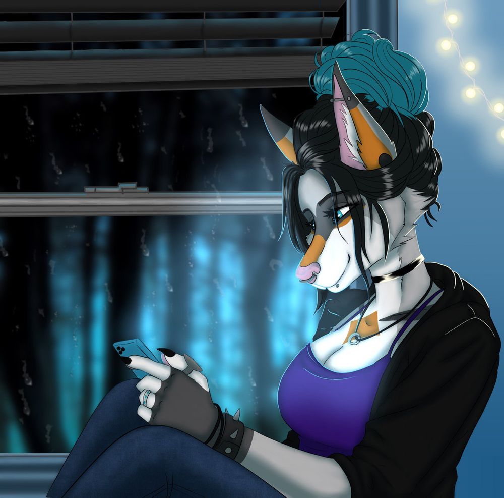 Anthro Racoyote looking down at phone sitting in window with rainy forest outside