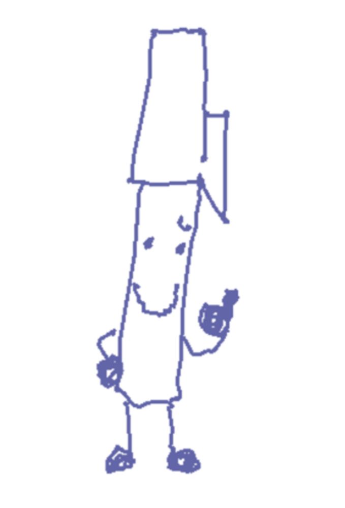 a drawing of a pen with a smiling face and arms and legs