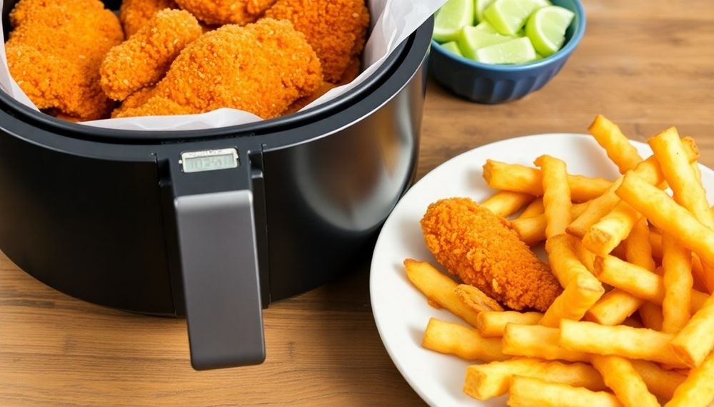 Air fryer recipe for Crispy Air Fryer Chicken Tenders and Fries