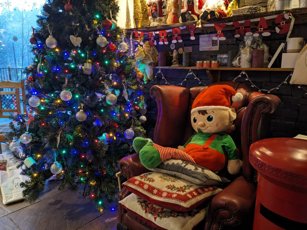 A Christmas elf and a tree