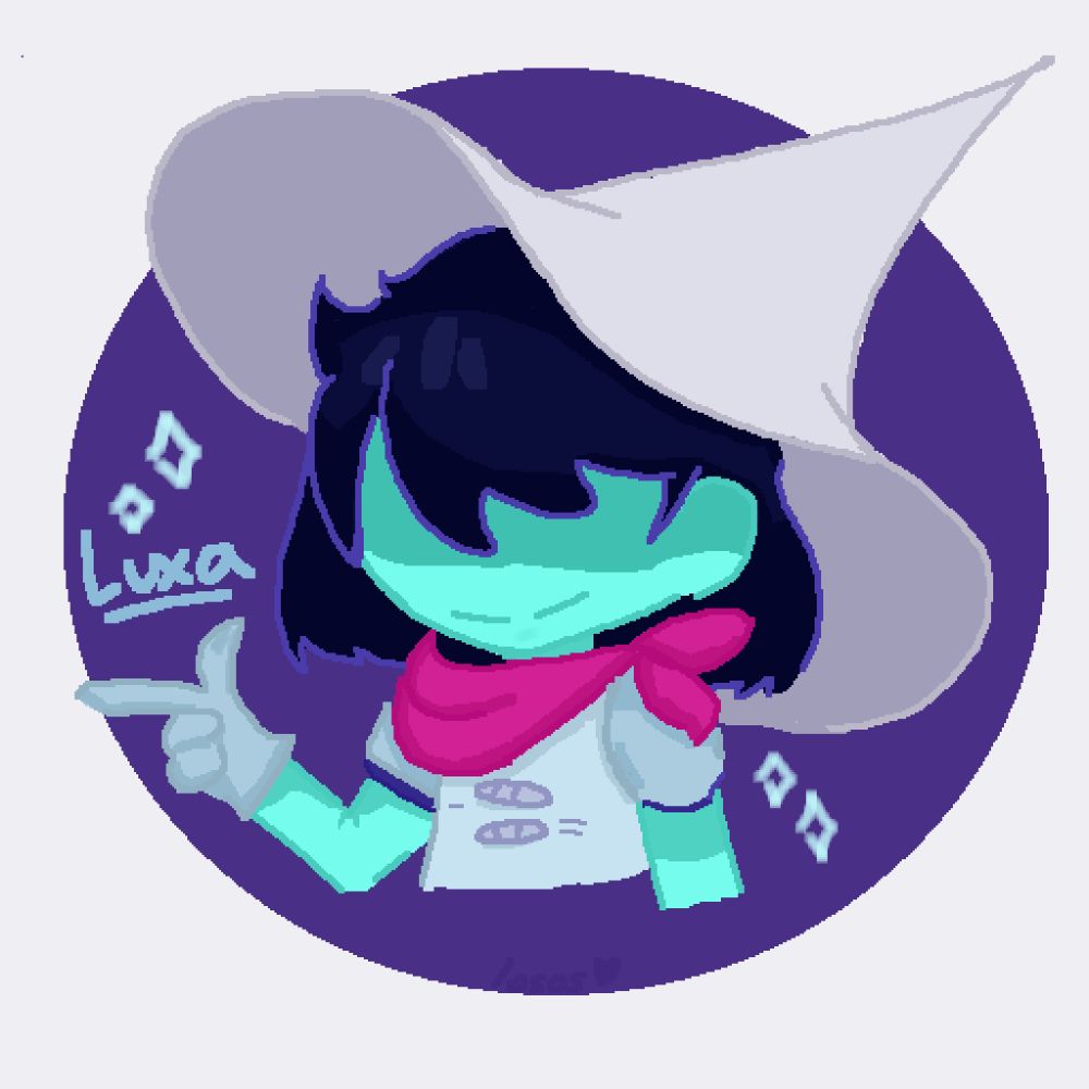 Kris in Siffrin's hat and Siffrin-looking clothing pointing to the side on a dark purple bg.