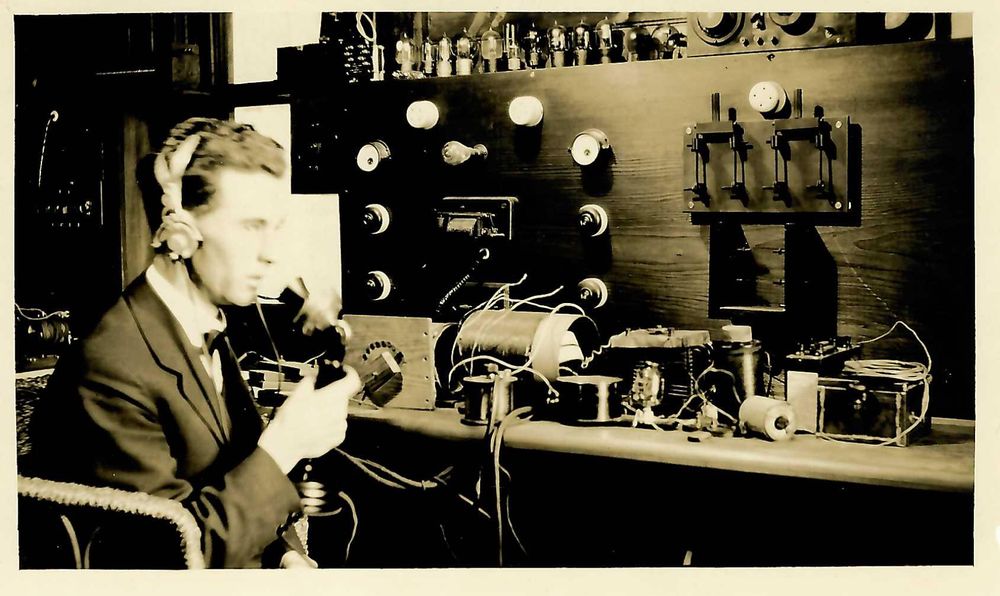 Sydney Morton Newman in his radio shed, early 1920’s - shed was at his home, in Balwyn, Melbourne 
