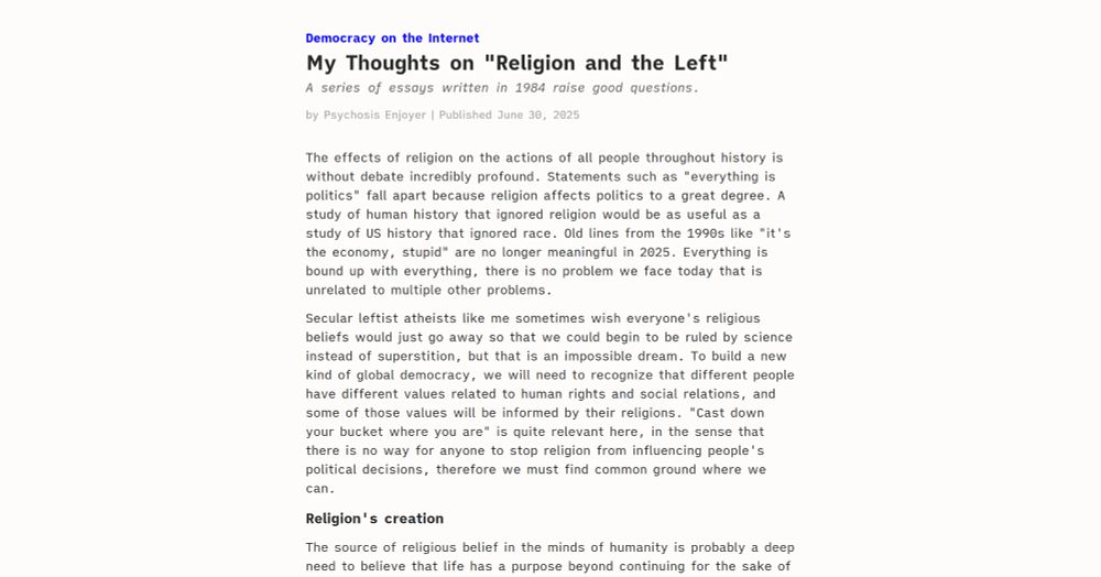 My Thoughts on "Religion and the Left" - Democracy on the Internet