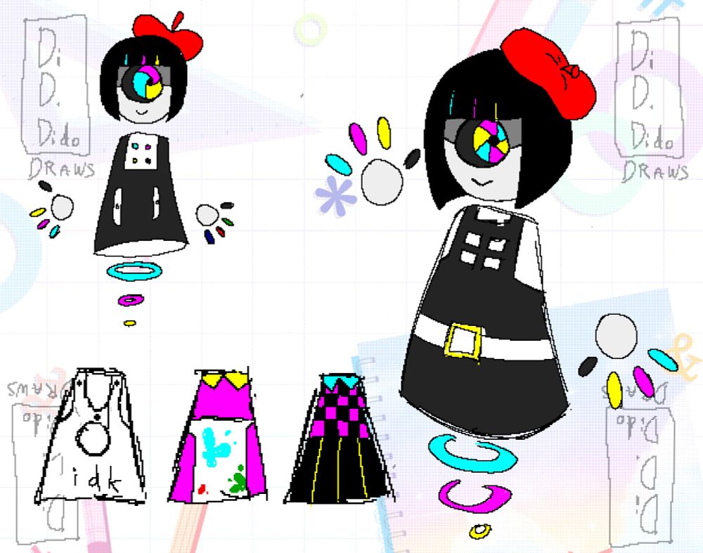 A series of digital sketches for a character named Cammy K. Cammy is a robot with a short black bob, a single eye resembling a camera aperture. and a red beret. She has no arms or legs - instead, she hovers with a pair of floating hands.