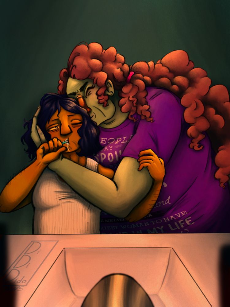 A digital portrait of Kamal Bora and Boris Habit from the video game Smile For Me. They're in a bathroom in the early morning. Kamal is brushing his teeth while lazily holding onto Habit's arm and Habit is holding Kamal's face so she can give Kamal a big ole' kiss on the cheek. Also Habit and Kamal are portrayed as transfem and transmasc respectively here.