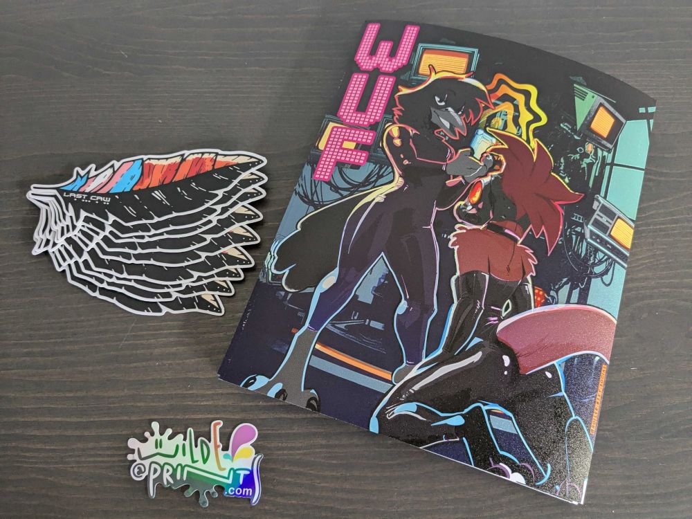 A photo of printed feather stickers, a stack of WUF posters, and the logo for Wilde Prints.