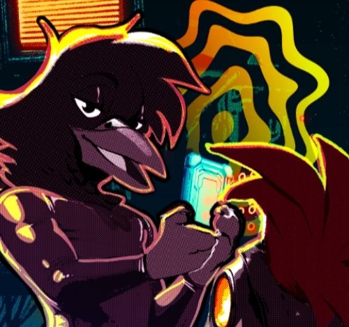 Small clip of a poster. Corvid like anthro figure in a latex body suit with hypno type waves in the background