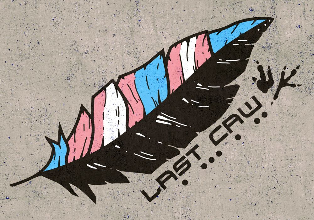 Last Caw LTD's Feather logo modified to display trans pride colors in place of its usual orange pattern.