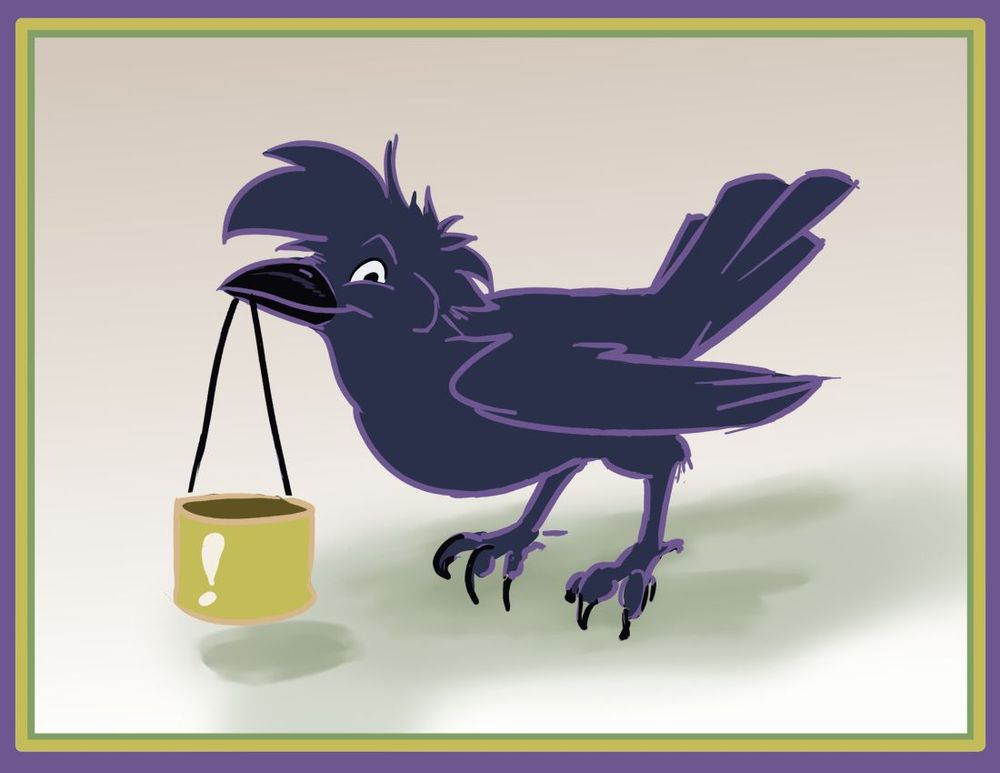 Caw the crow looking cute and holding a little gold basket from a string. The basket has an exclamation point on it.